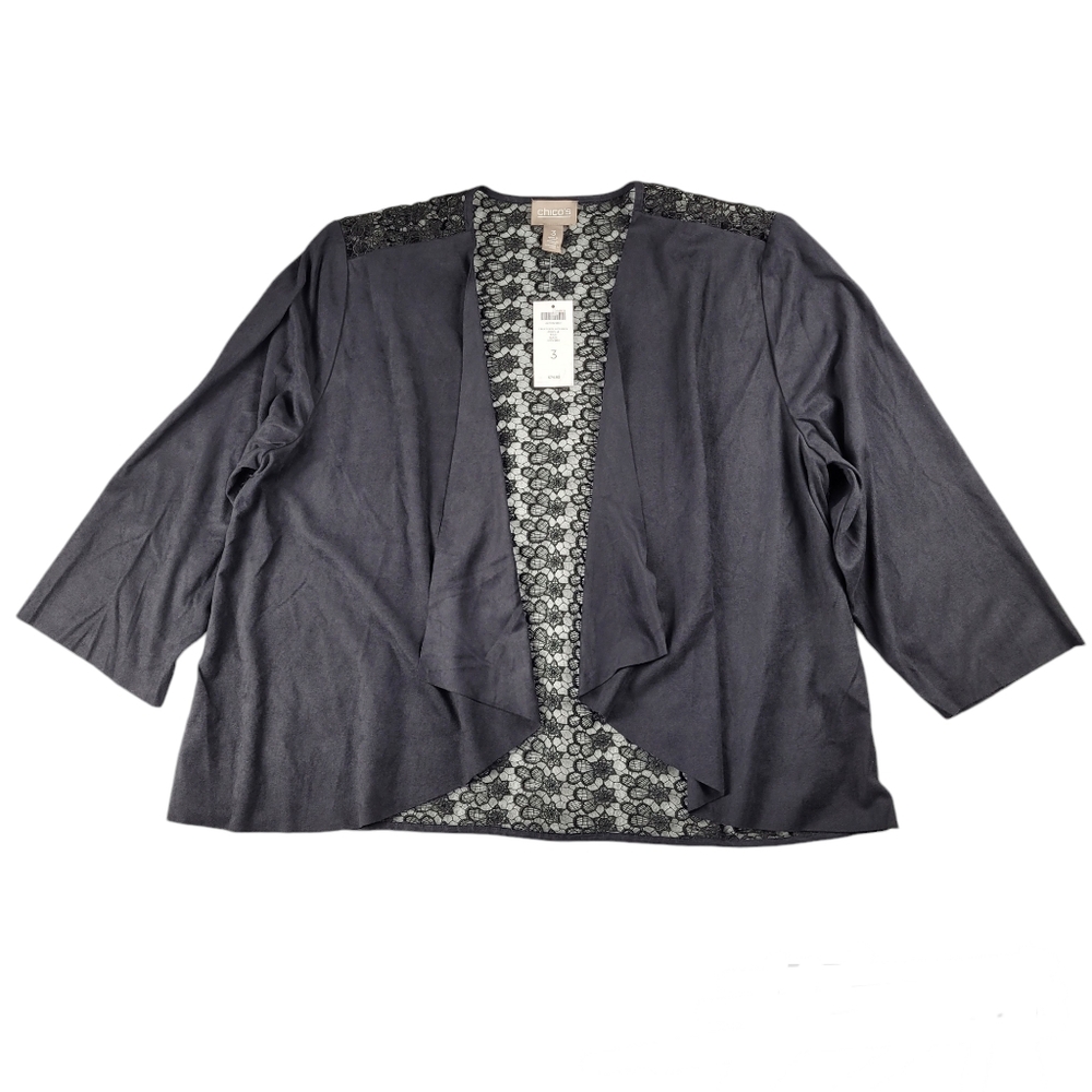 NWT CHICO'S Faux Suede Back Poppy Cardigan Jacket Lace Black Size 3 / XL